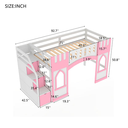 Pink Twin Loft Bed with Storage Staircase for Bedroom
