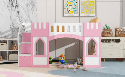 Pink Twin Loft Bed with Storage Staircase for Bedroom