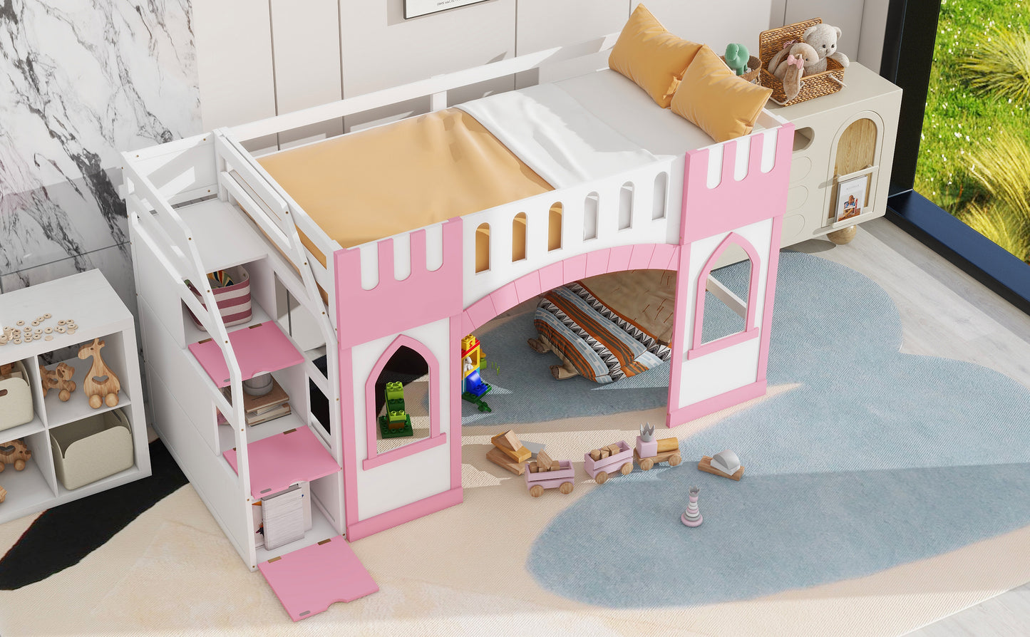 Pink Twin Loft Bed with Storage Staircase for Bedroom