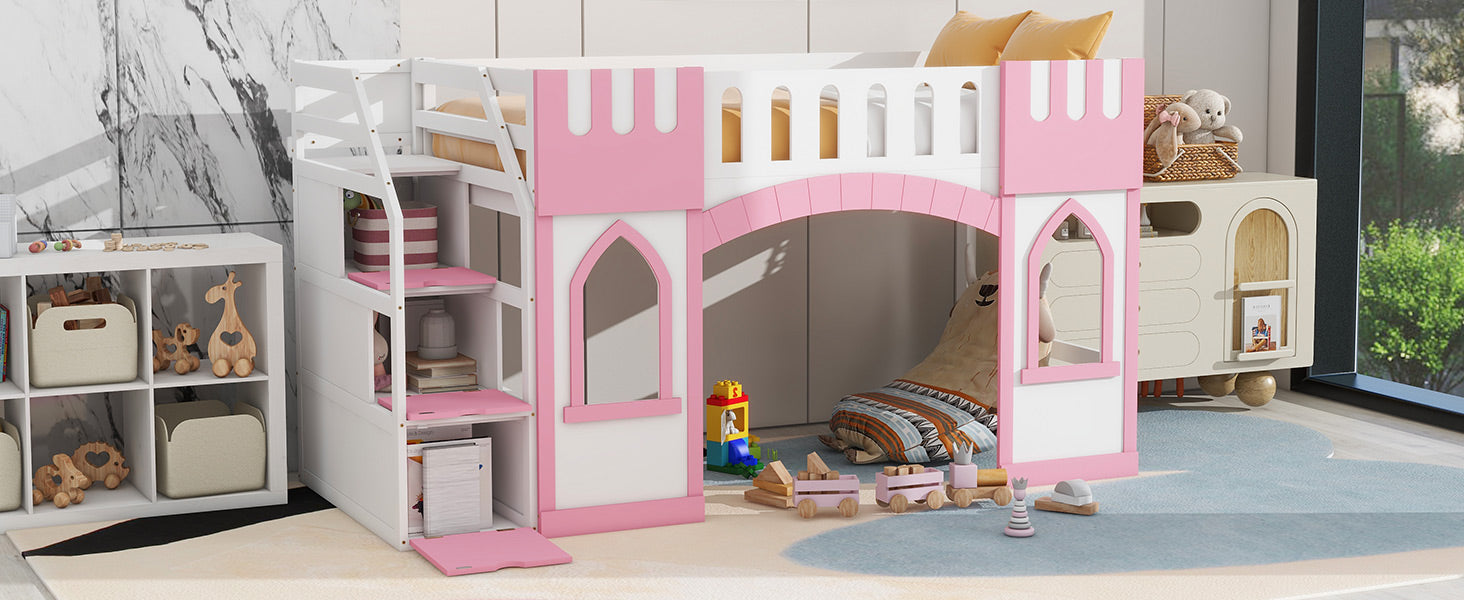 Pink Twin Loft Bed with Storage Staircase for Bedroom