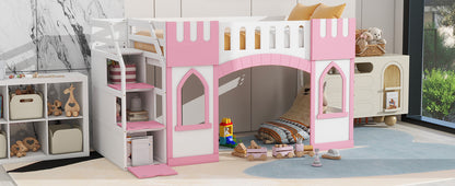 Pink Twin Loft Bed with Storage Staircase for Bedroom