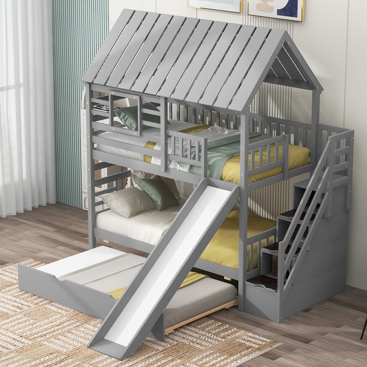 Twin Over Twin Bunk Bed - Gray Wood Frame for Bedroom