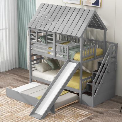 Twin Over Twin Bunk Bed - Gray Wood Frame for Bedroom