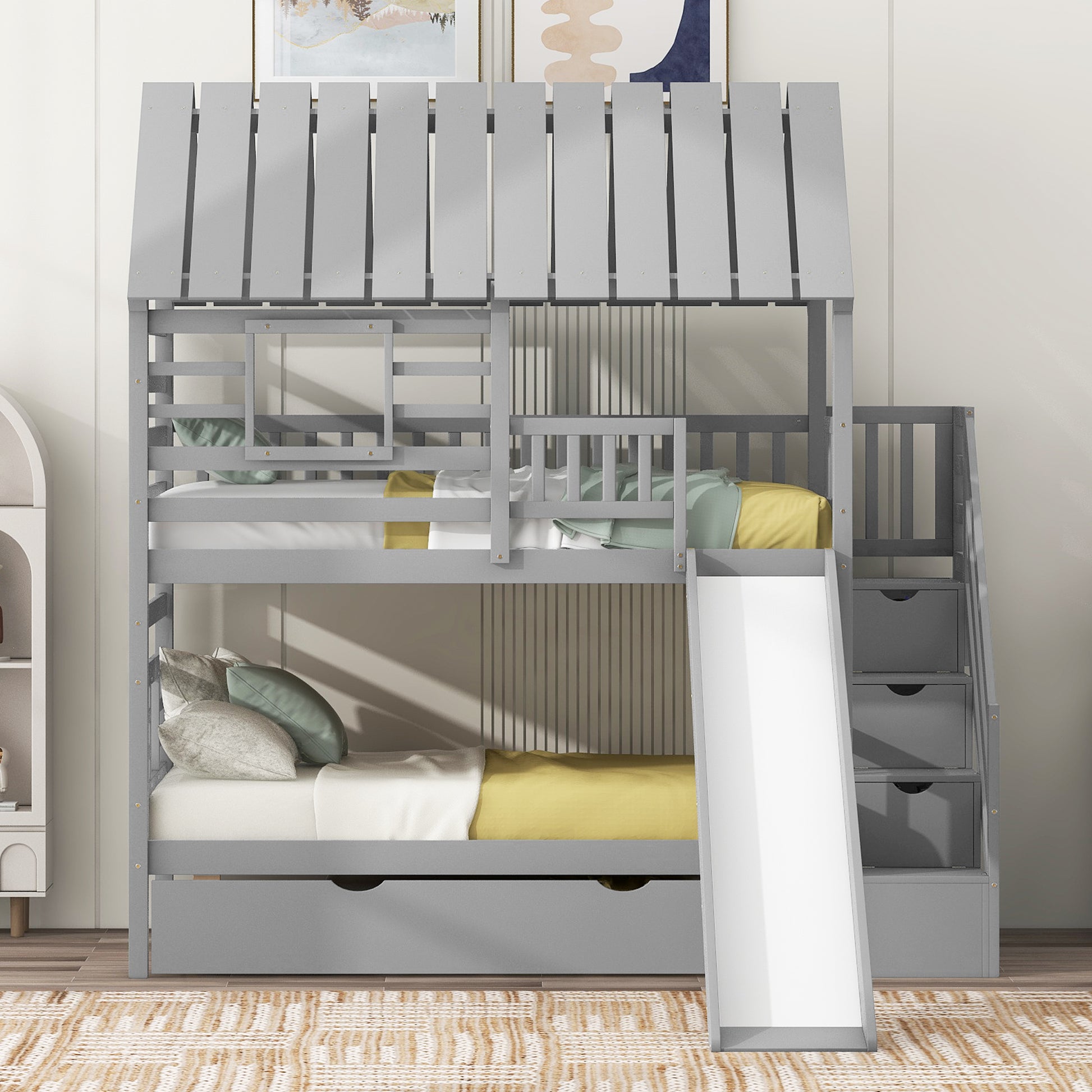 Twin Over Twin Bunk Bed - Gray Wood Frame for Bedroom