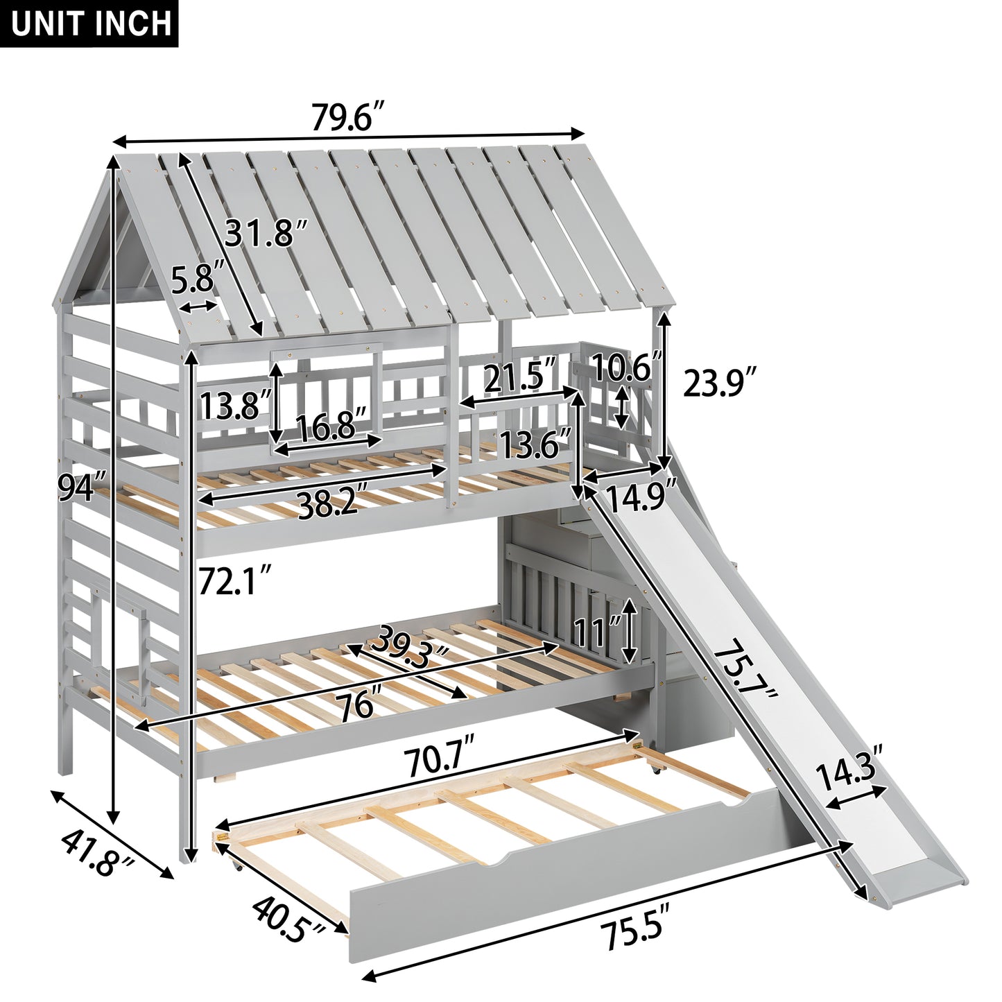 Twin Over Twin Bunk Bed - Gray Wood Frame for Bedroom