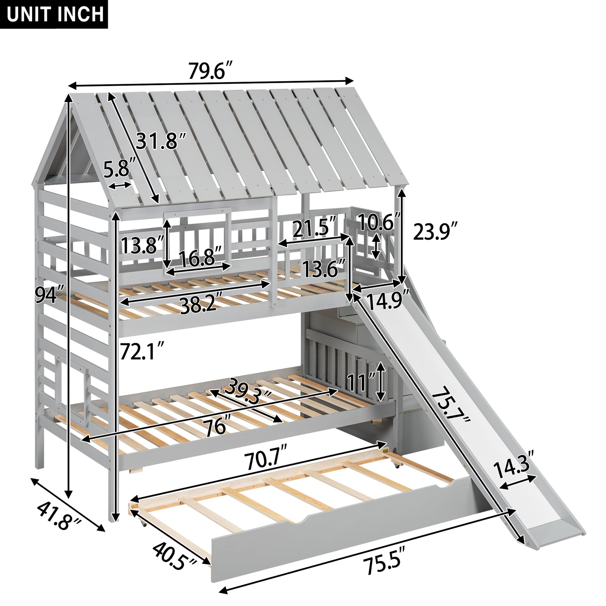 Twin Over Twin Bunk Bed - Gray Wood Frame for Bedroom