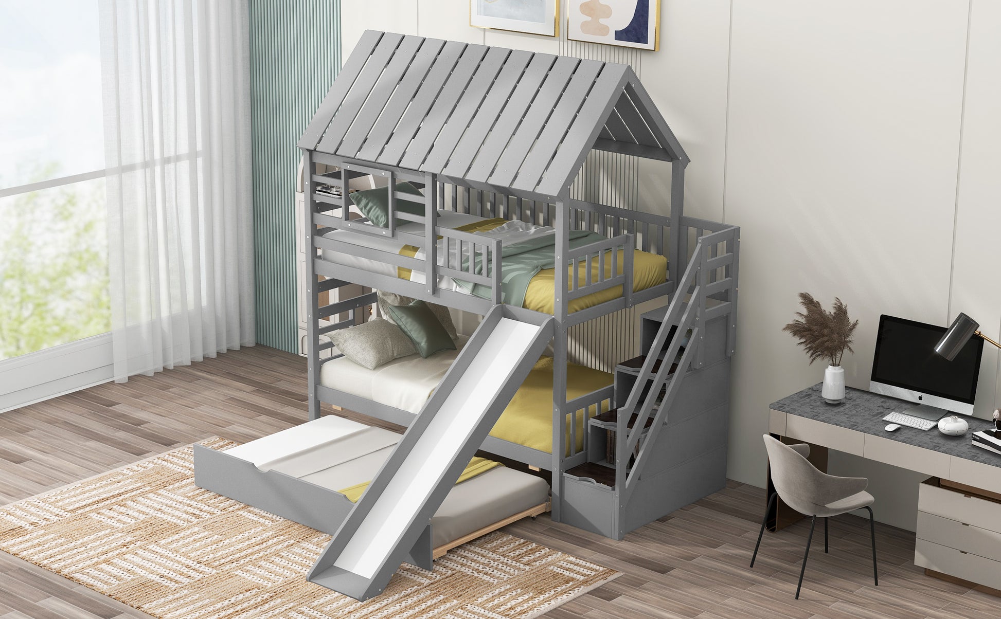 Twin Over Twin Bunk Bed - Gray Wood Frame for Bedroom