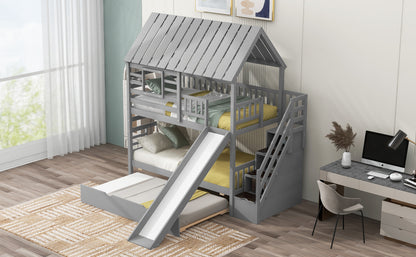 Twin Over Twin Bunk Bed - Gray Wood Frame for Bedroom