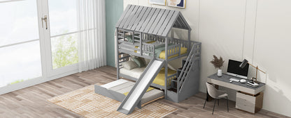 Twin Over Twin Bunk Bed - Gray Wood Frame for Bedroom