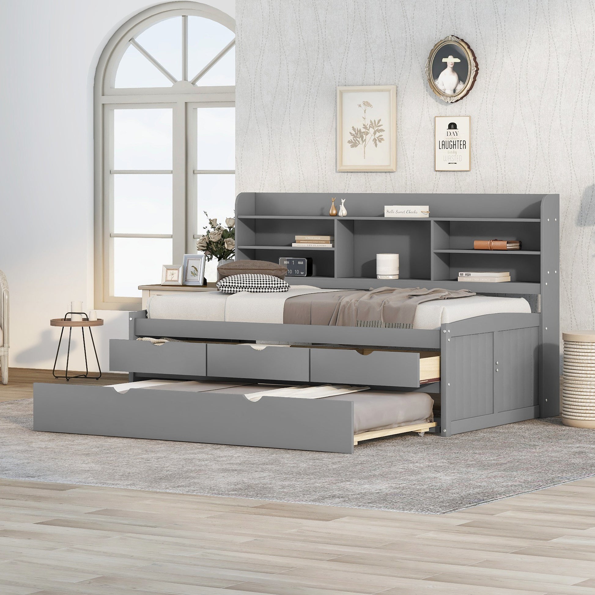Twin Size Wooden Bed with Bookshelves & Trundle - Grey