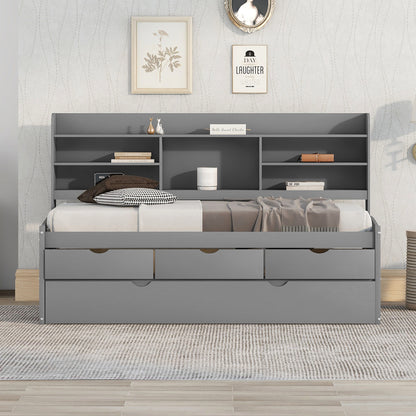Twin Size Wooden Bed with Bookshelves & Trundle - Grey
