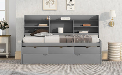Twin Size Wooden Bed with Bookshelves & Trundle - Grey
