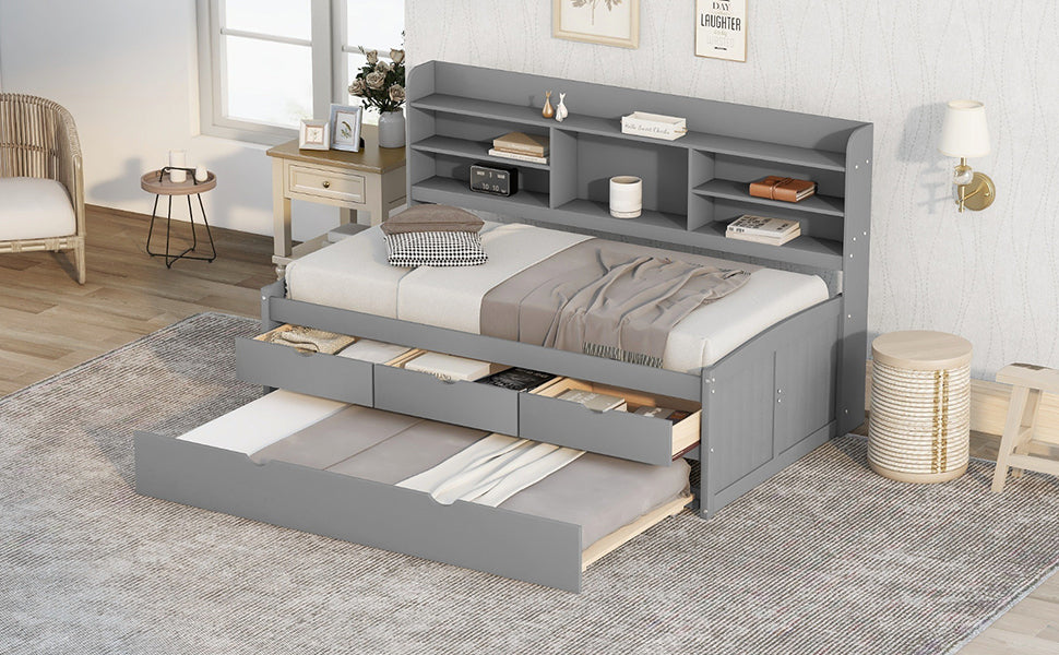 Twin Size Wooden Bed with Bookshelves & Trundle - Grey