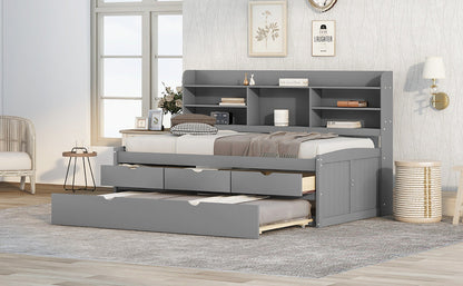 Twin Size Wooden Bed with Bookshelves & Trundle - Grey