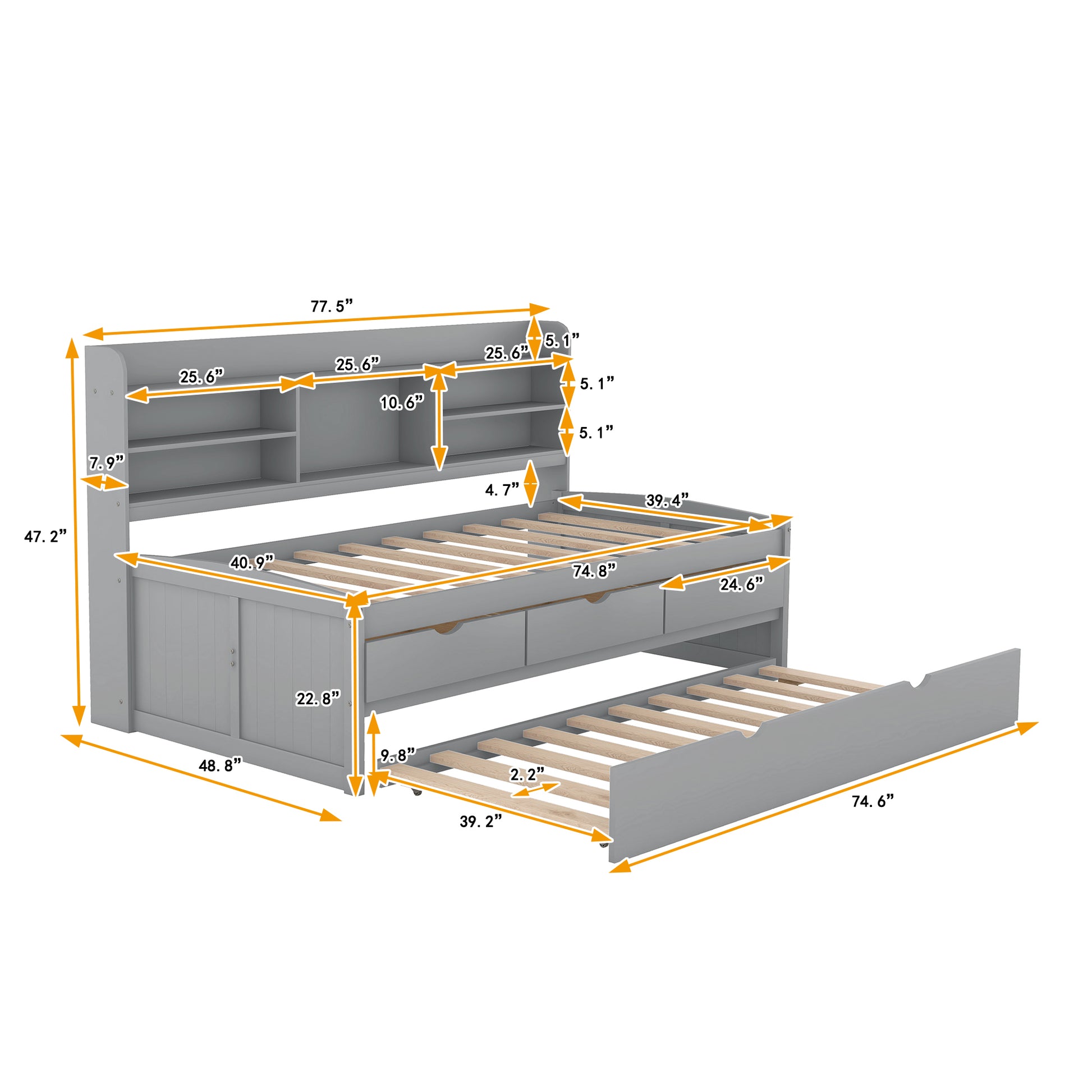 Twin Size Wooden Bed with Bookshelves & Trundle - Grey