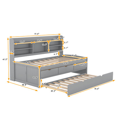 Twin Size Wooden Bed with Bookshelves & Trundle - Grey