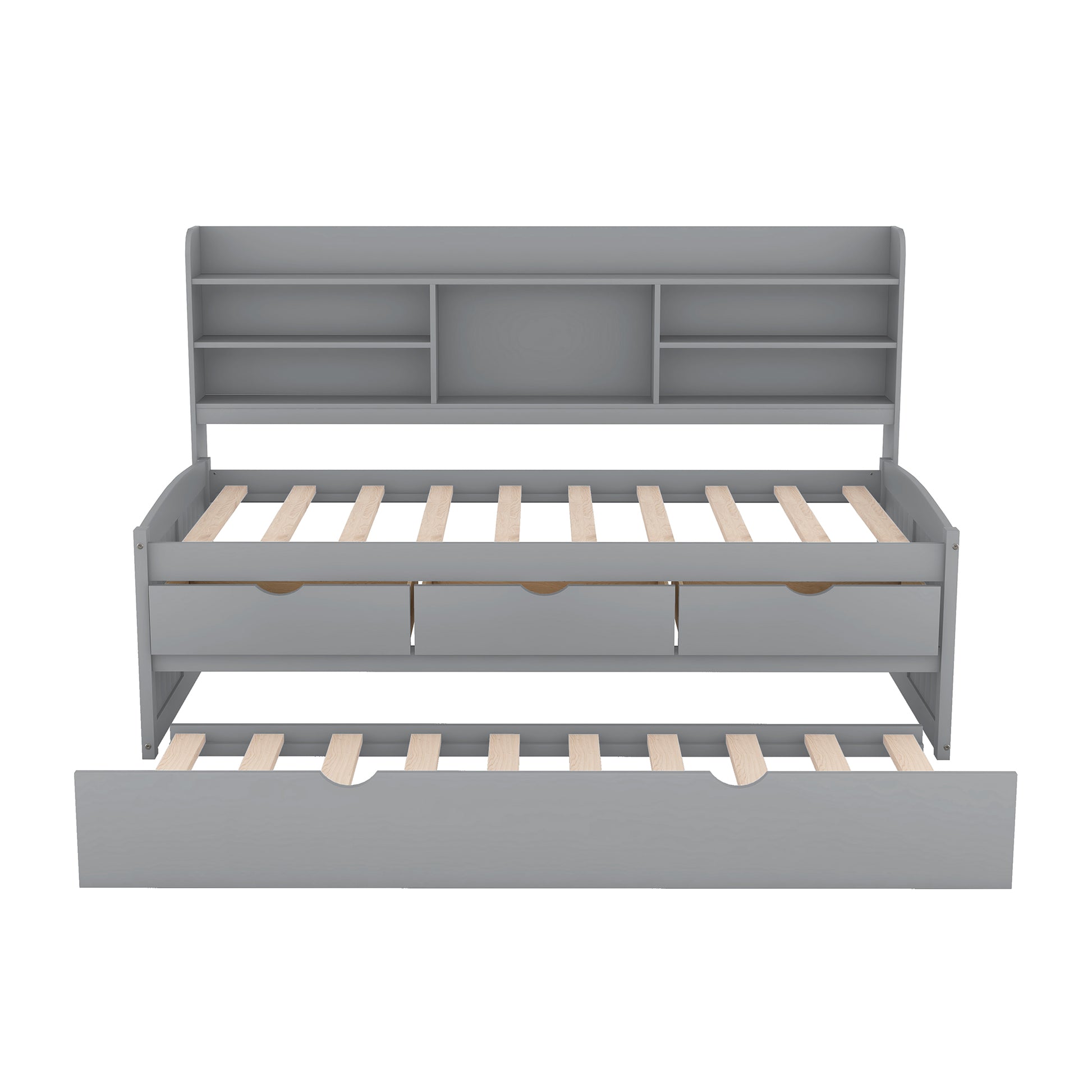 Twin Size Wooden Bed with Bookshelves & Trundle - Grey