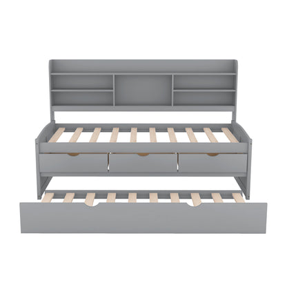 Twin Size Wooden Bed with Bookshelves & Trundle - Grey