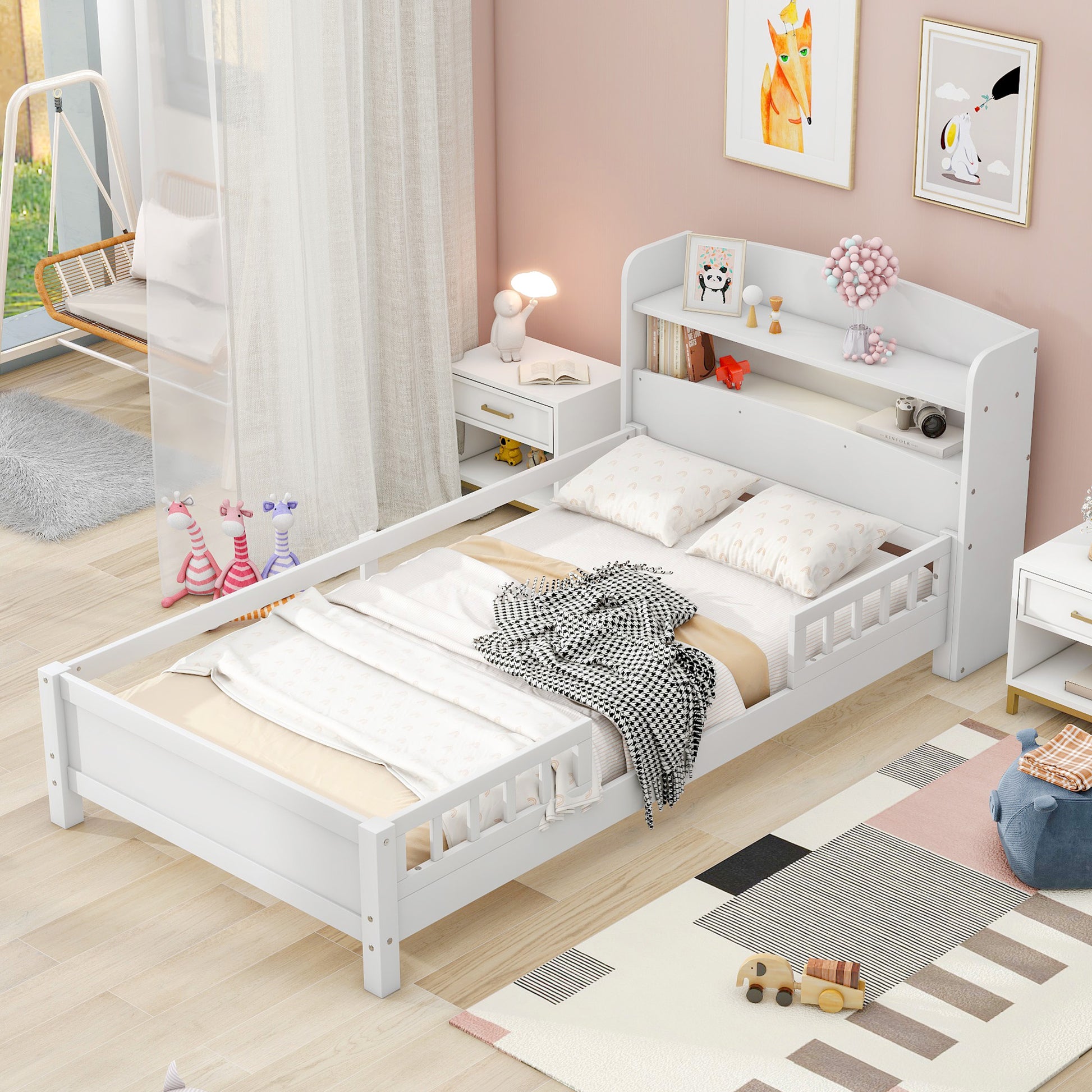 Twin Size Platform Bed with Storage Headboard, White