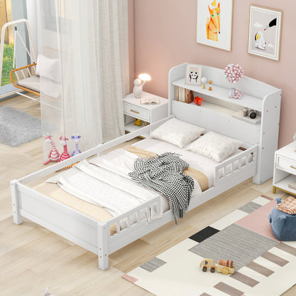 Twin Size Platform Bed with Storage Headboard, White