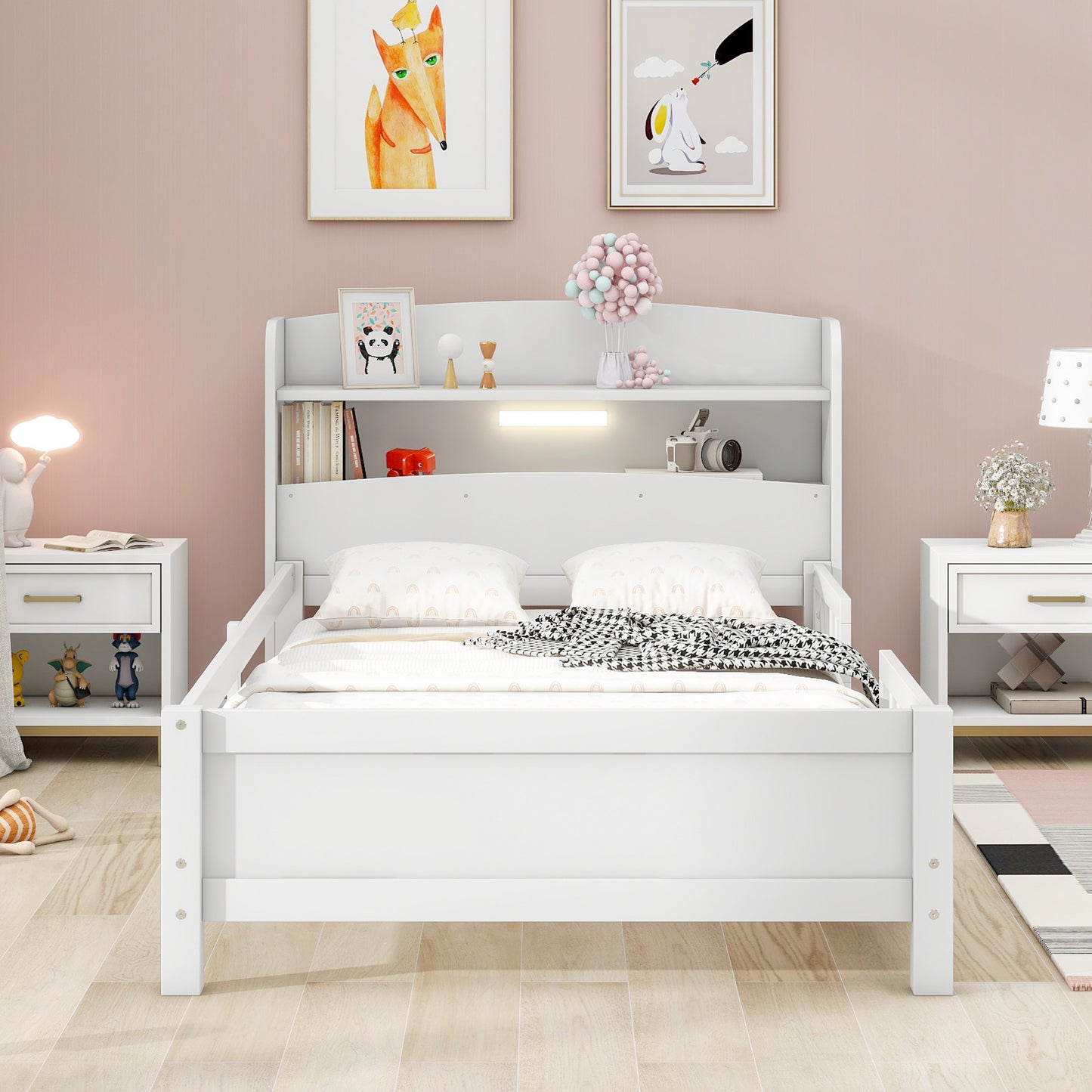Twin Size Platform Bed with Storage Headboard, White