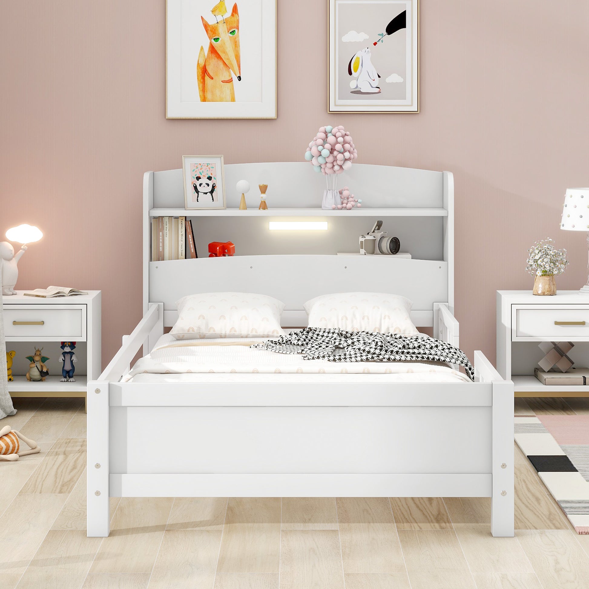 Twin Size Platform Bed with Storage Headboard, White