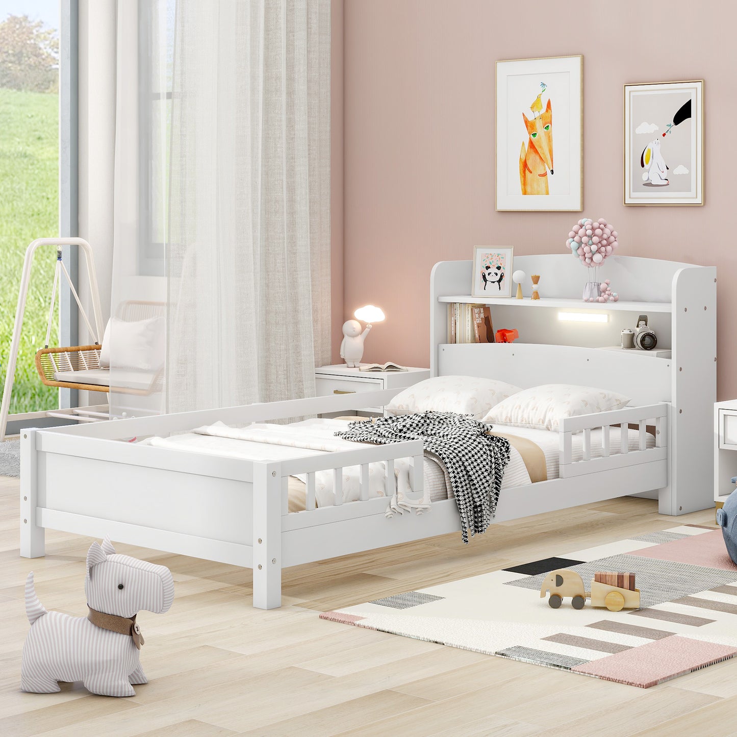 Twin Size Platform Bed with Storage Headboard, White