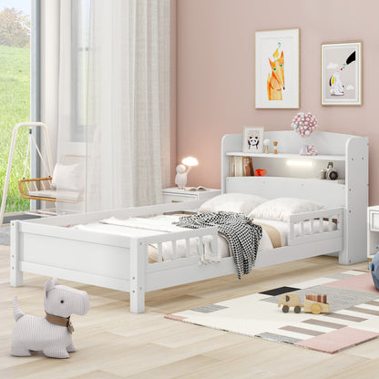 Twin Size Platform Bed with Storage Headboard, White