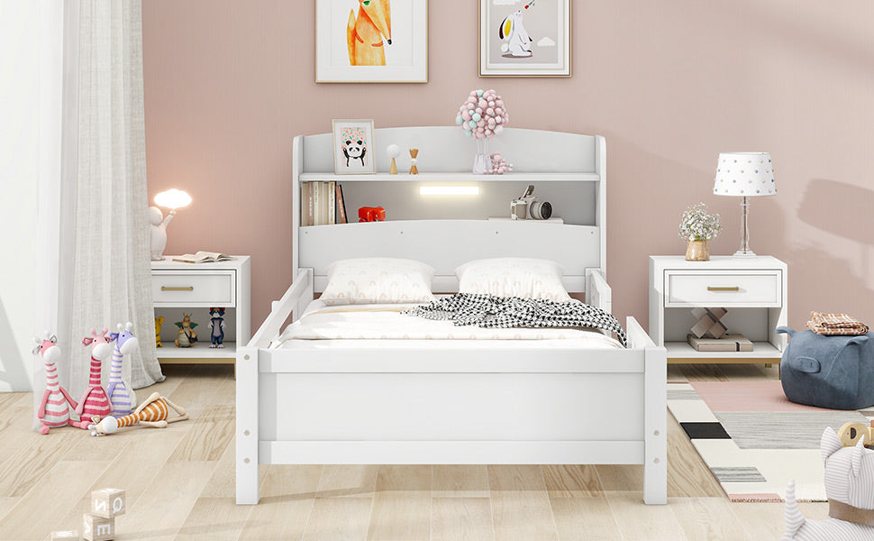 Twin Size Platform Bed with Storage Headboard, White