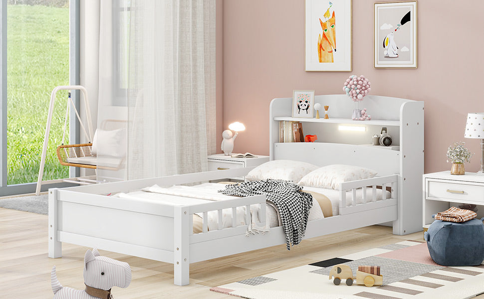 Twin Size Platform Bed with Storage Headboard, White