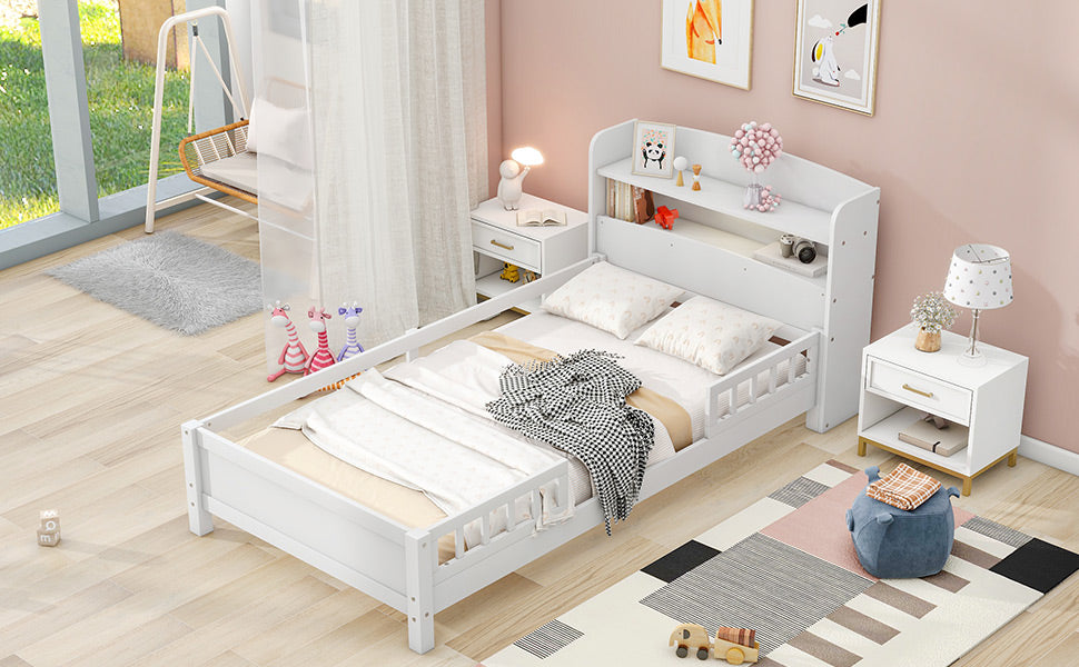 Twin Size Platform Bed with Storage Headboard, White