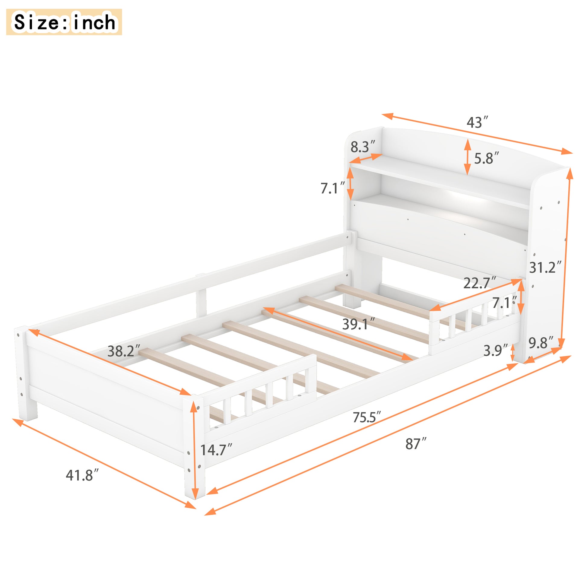 Twin Size Platform Bed with Storage Headboard, White
