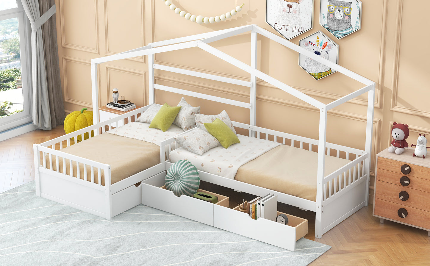 Twin Size White Wood Bed Frame with Storage for Bedroom