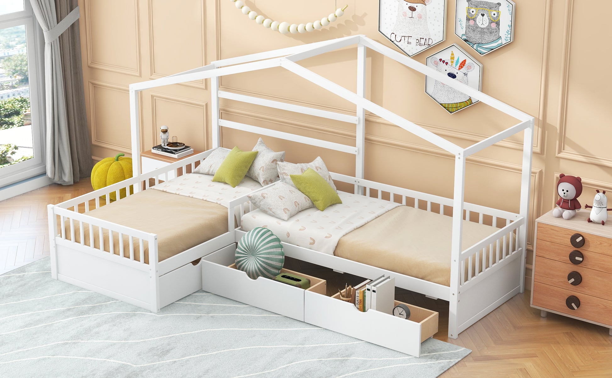 Twin Size White Wood Bed Frame with Storage for Bedroom