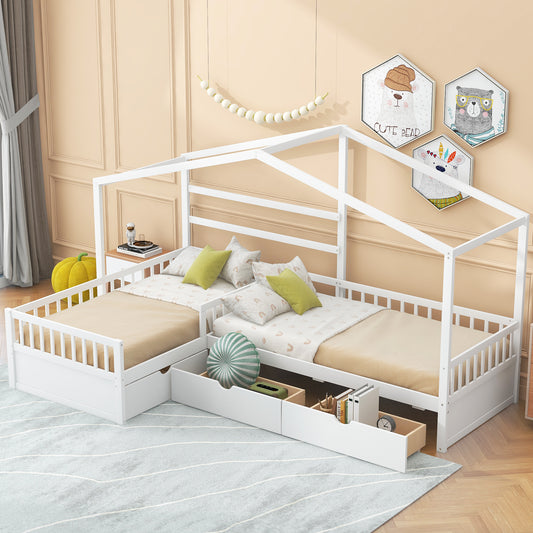 Twin Size House Platform Bed with Three Storage Drawers,White