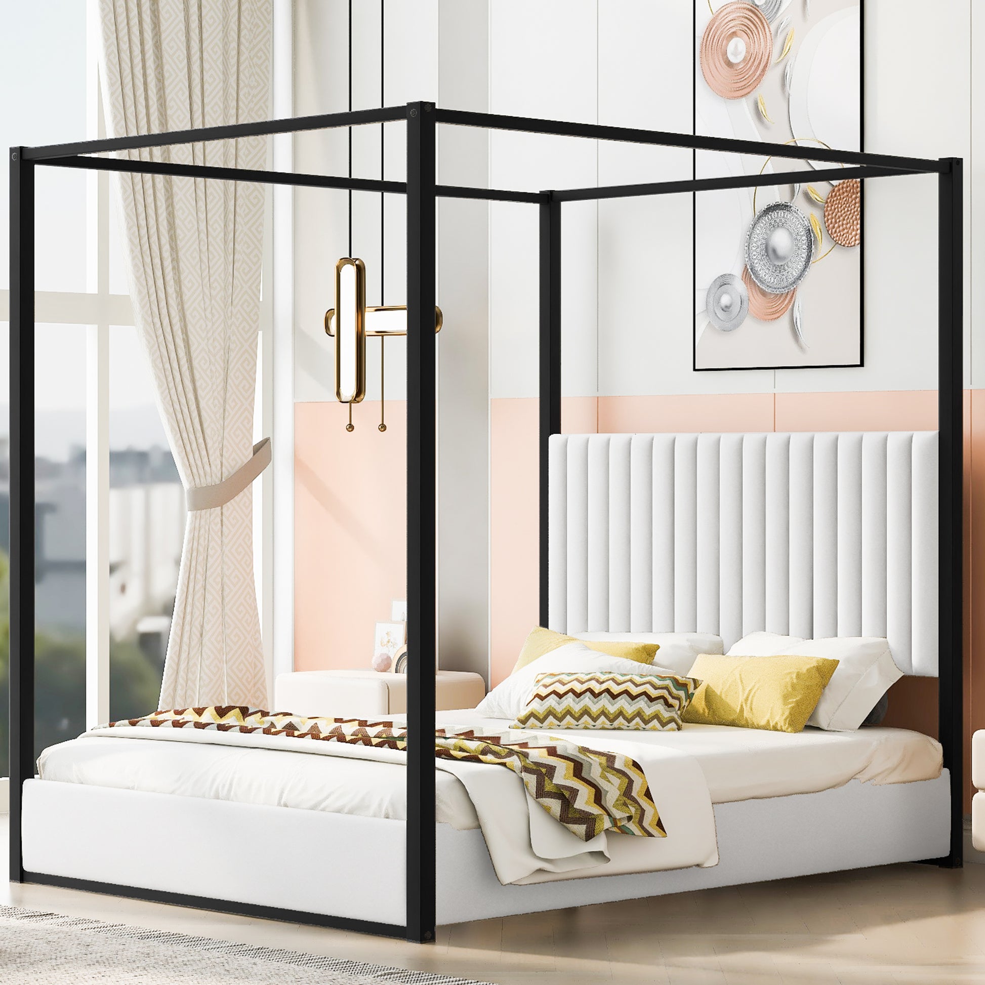 Queen Size Upholstered Canopy Bed - Stylish & Comfortable