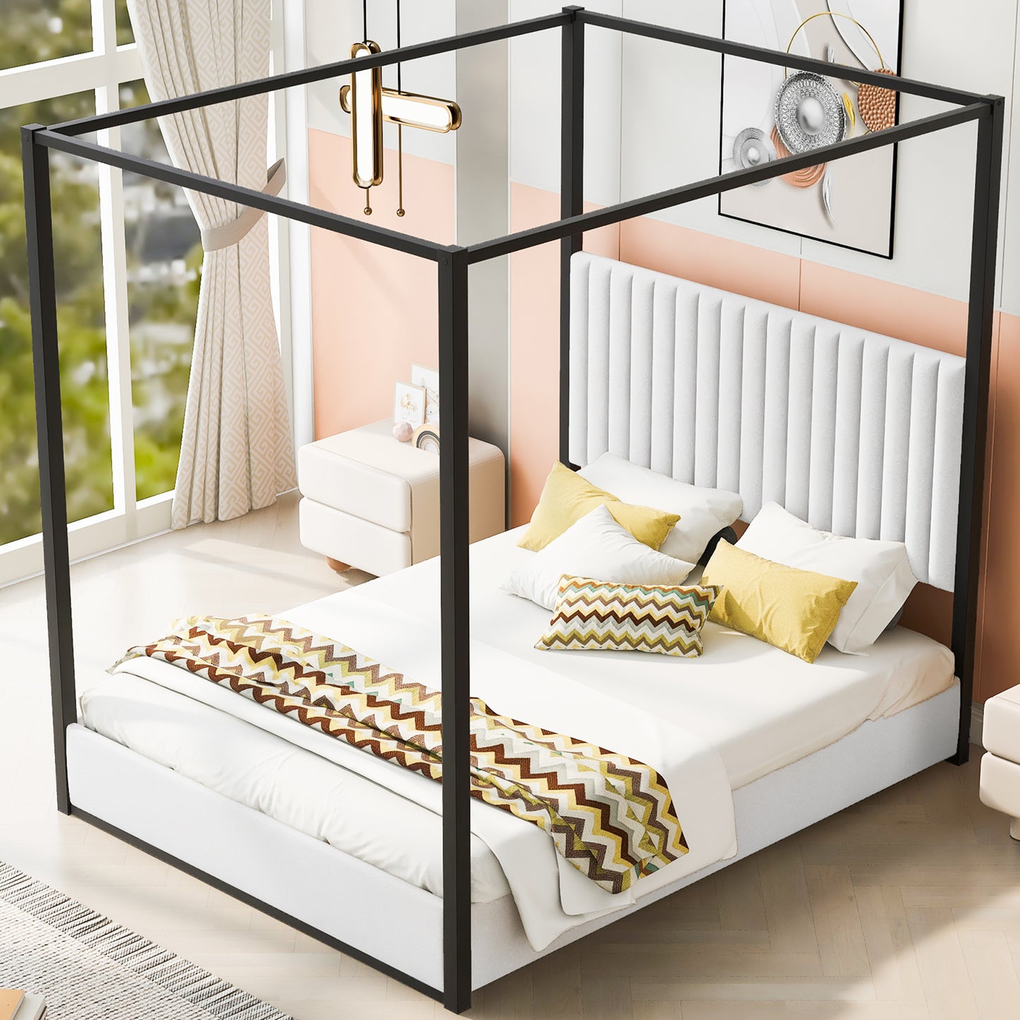 Queen Size Upholstered Canopy Bed - Stylish & Comfortable