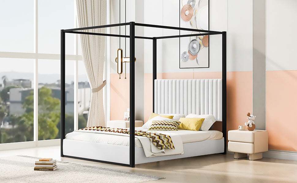 Queen Size Upholstered Canopy Bed - Stylish & Comfortable