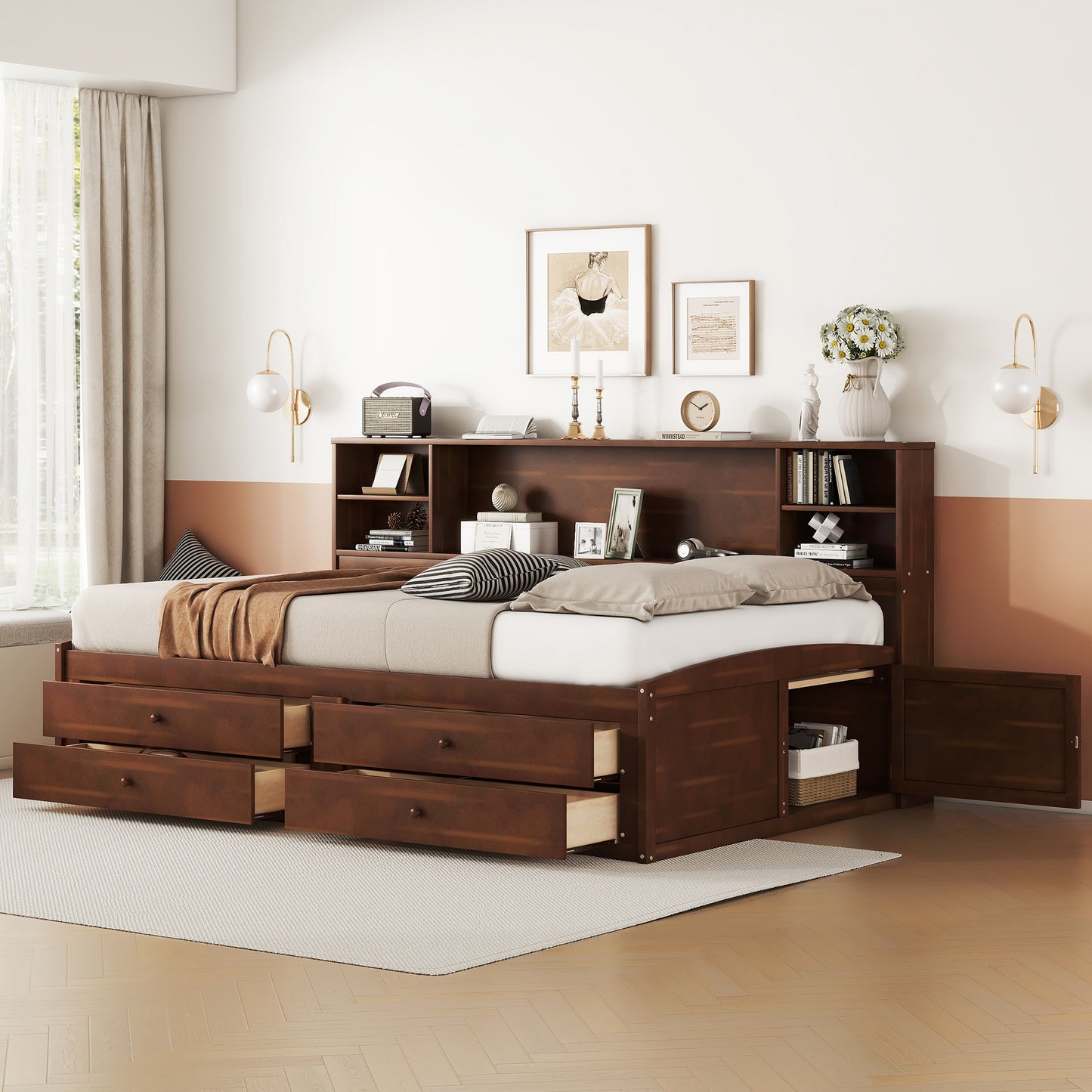 Full Size Antique Brown Wooden Bed Frame with Storage