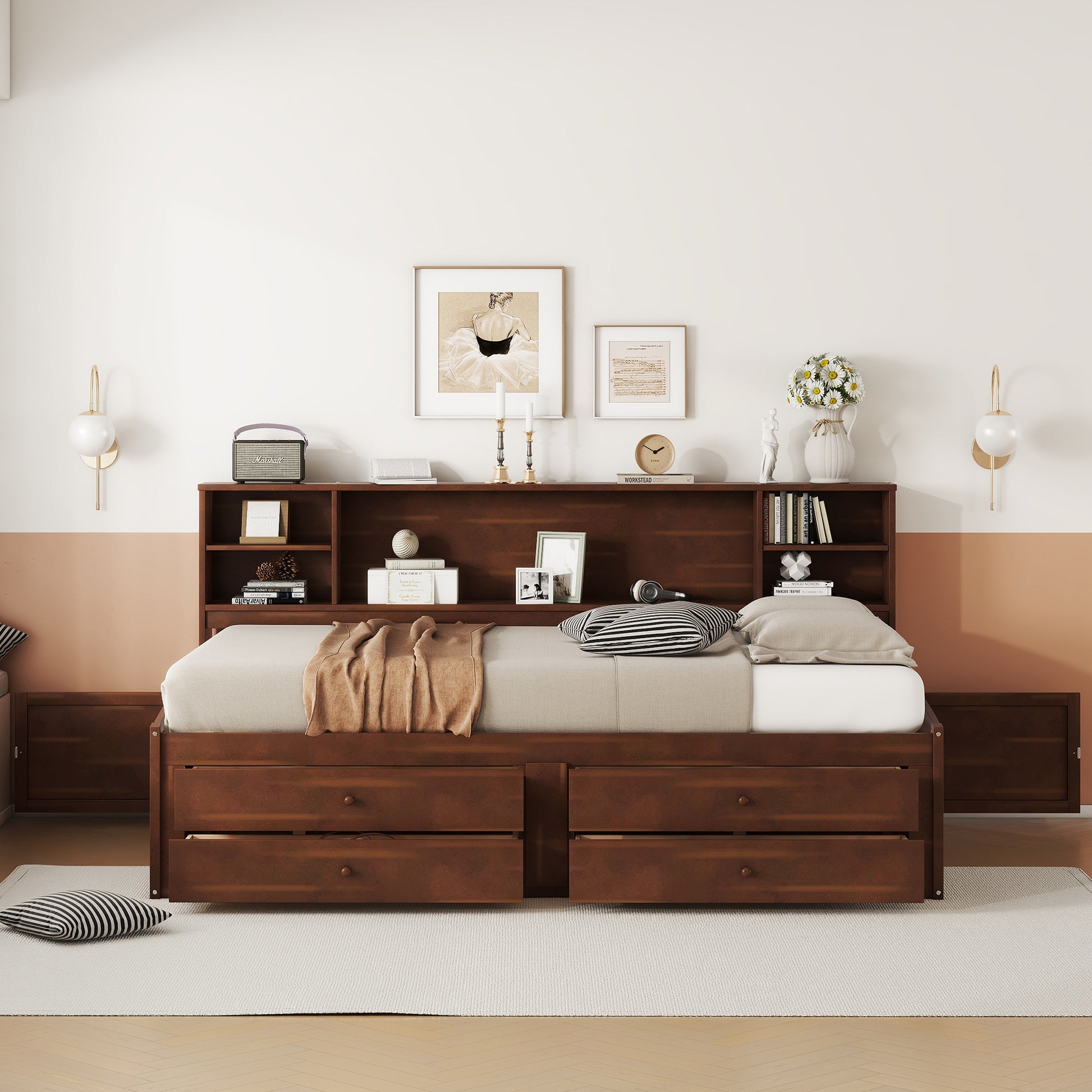 Full Size Antique Brown Wooden Bed Frame with Storage