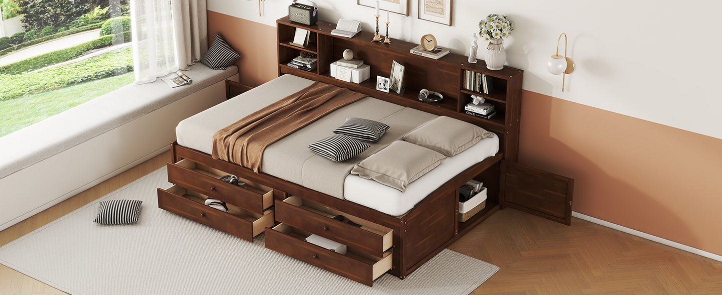 Full Size Antique Brown Wooden Bed Frame with Storage
