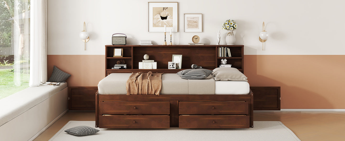 Full Size Antique Brown Wooden Bed Frame with Storage