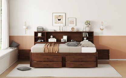 Full Size Antique Brown Wooden Bed Frame with Storage