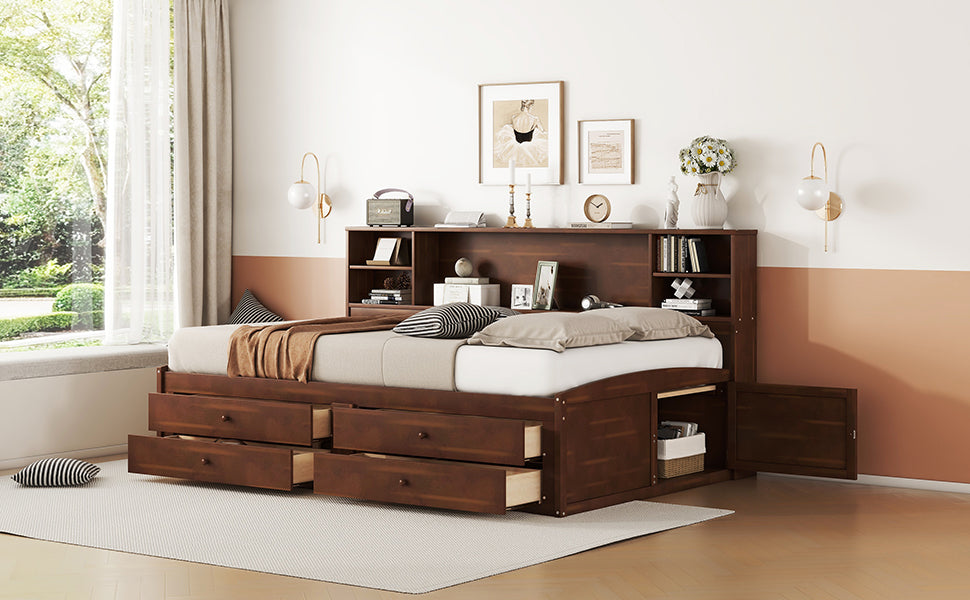 Full Size Antique Brown Wooden Bed Frame with Storage