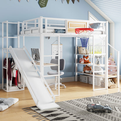 Full Size Metal Loft bed with Built-in Desk, Open Wardrobe, Basketball hoop, Slide and Staircase, White