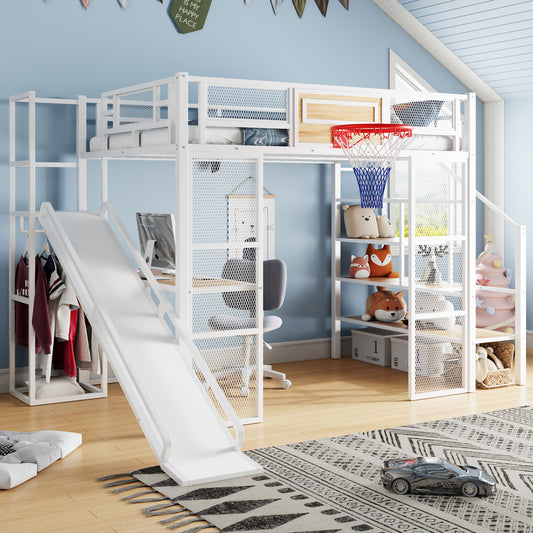 Full Size Metal Loft bed with Built-in Desk, Open Wardrobe, Basketball hoop, Slide and Staircase, White
