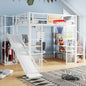 Full Size Metal Loft bed with Built-in Desk, Open Wardrobe, Basketball hoop, Slide and Staircase, White
