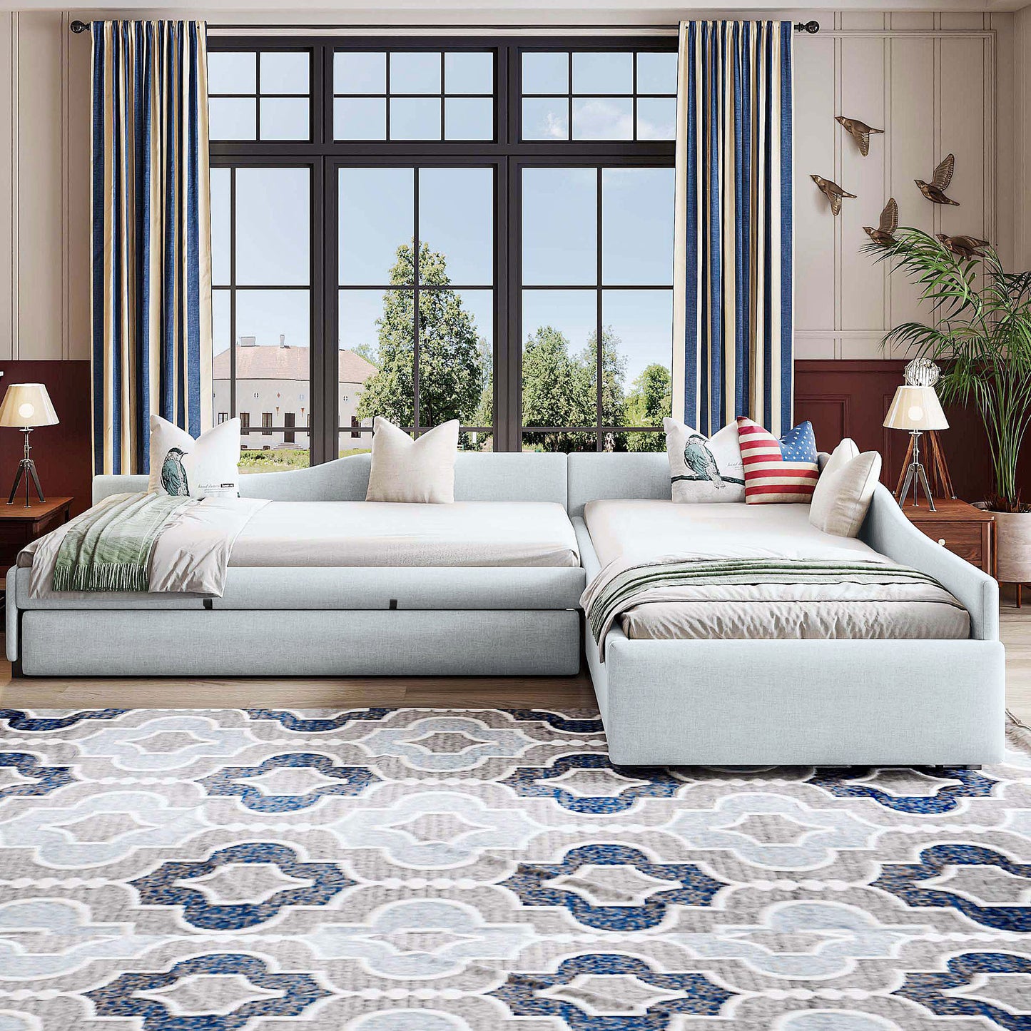 Twin Daybed with Trundle & Drawer - Beige Upholstered for Bedroom
