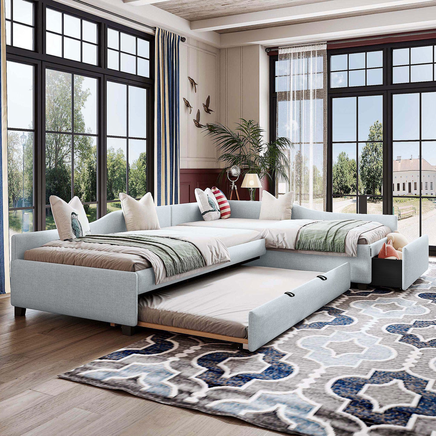 Twin Daybed with Trundle & Drawer - Beige Upholstered for Bedroom