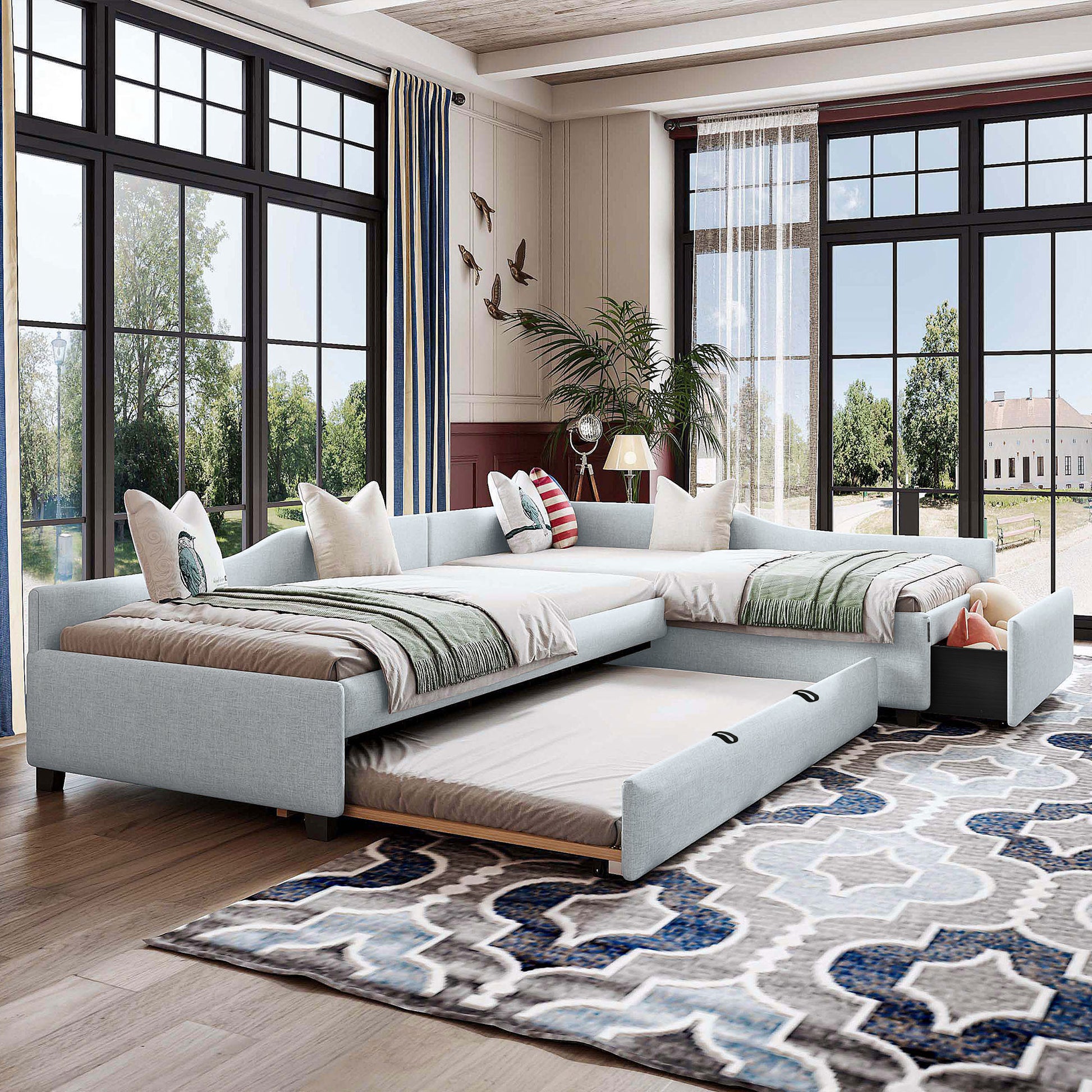 Twin Daybed with Trundle & Drawer - Beige Upholstered for Bedroom